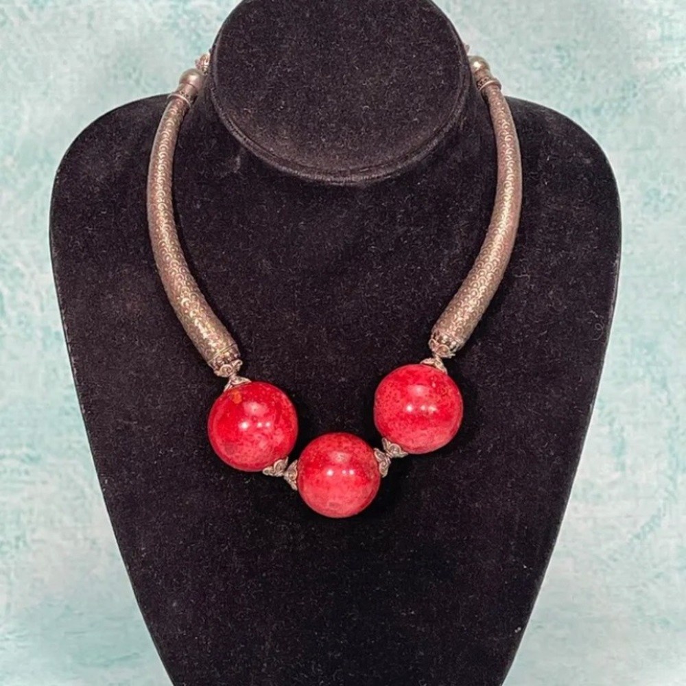 Vintage Artisan 17.5” Tribal Red Agate Bead Sterling Silver 925 Collar Necklace